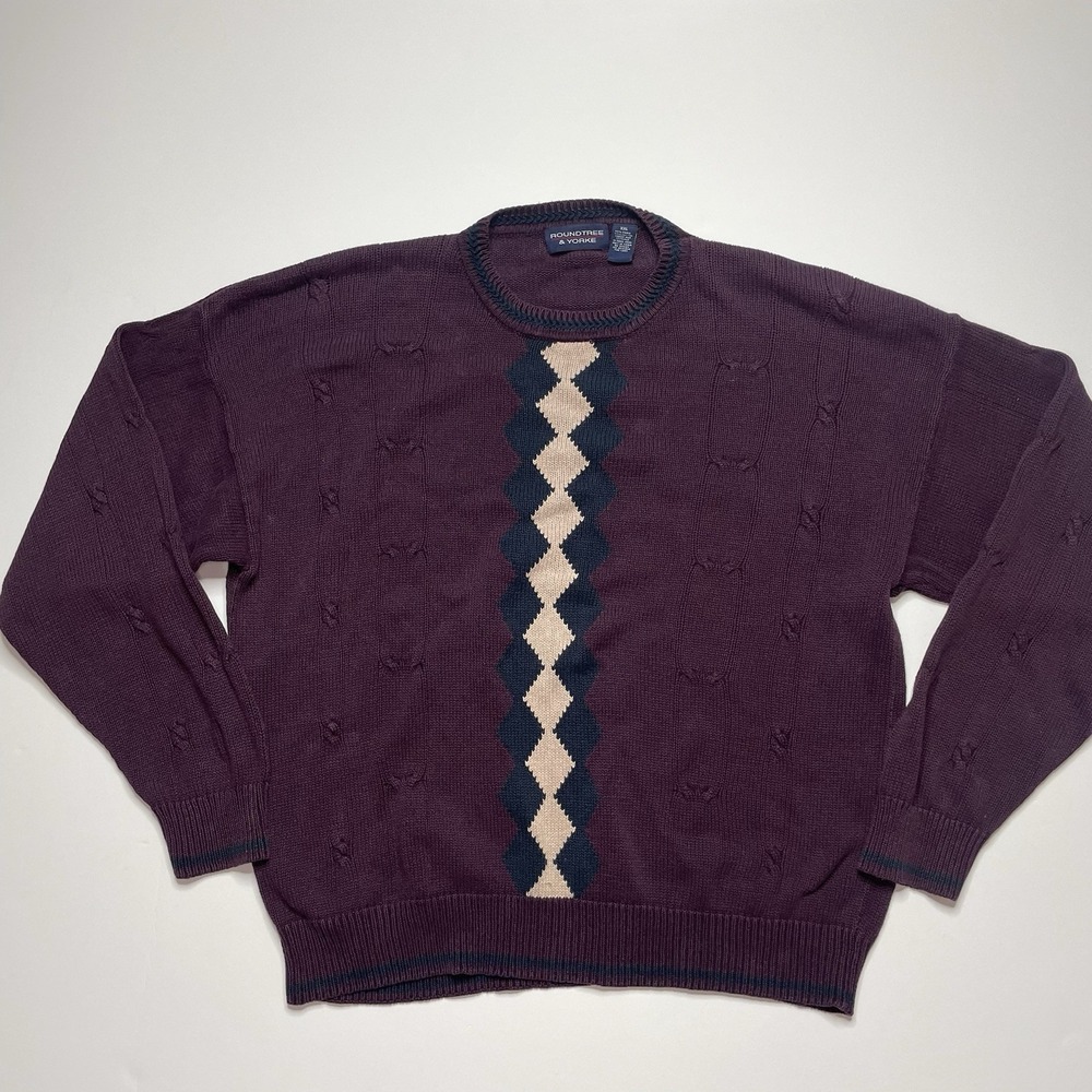 Argyle Sweater Roundtree & Yorke Knit Pullover Crewneck Purple Men's 2XL